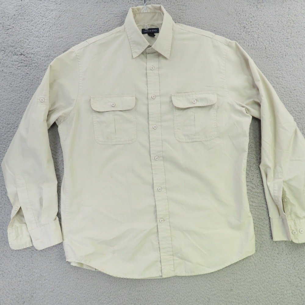 Lands End Shirt Mens Medium 15.5 Beige Solid Long Sleeve Button Up